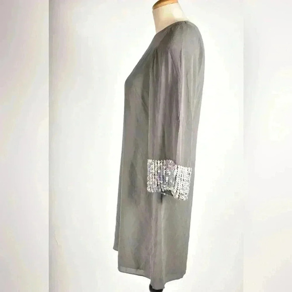 ALICE & OLIVA Grey 100% Silk 3/4  Sequin Sleeve Tunic Mini Dress Medium 8US - Picture 2 of 9